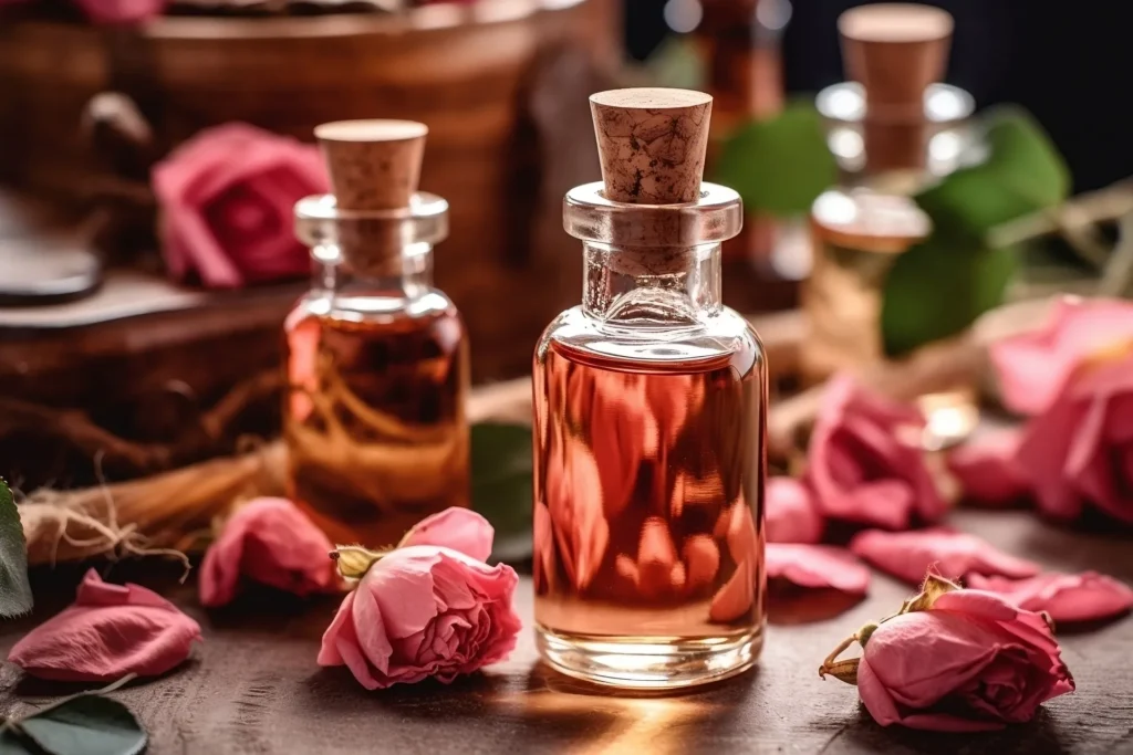 medium vecteezy rose essential oil alongside rose and rose leaves on a table 31697965 medium