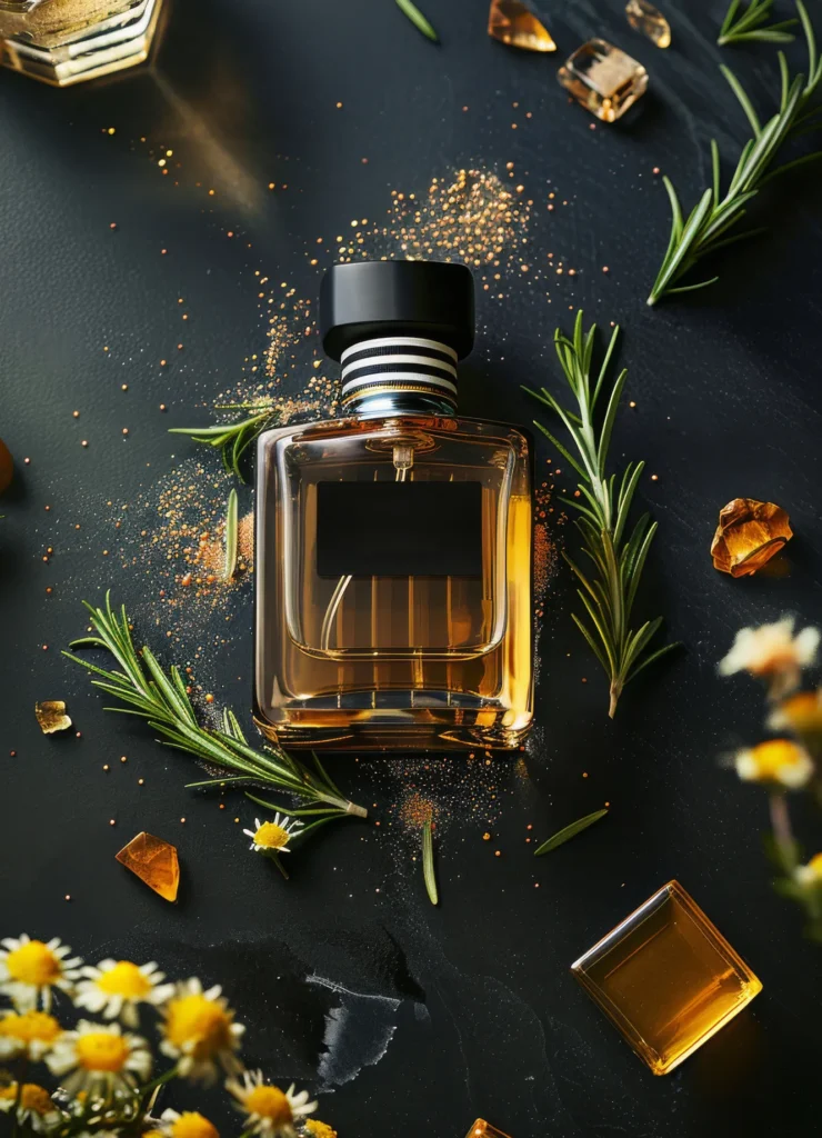 large vecteezy glass bottle of perfume with rosemary and flowers on black 47070404 large e1779822057312