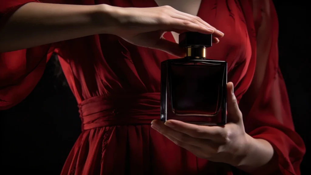 medium vecteezy woman in flowing red dress holds square dark glass perfume 79100972 medium